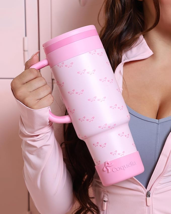 40 oz Insulated Tumbler with Handle and Push-Button Straw Lid, Stainless Steel Travel Cup for Gym Office Leakproof, BPA-Free, Cup Holder Friendly, Bow Silicone Boot, Pink (Coquette Bubblegum) - Image 7