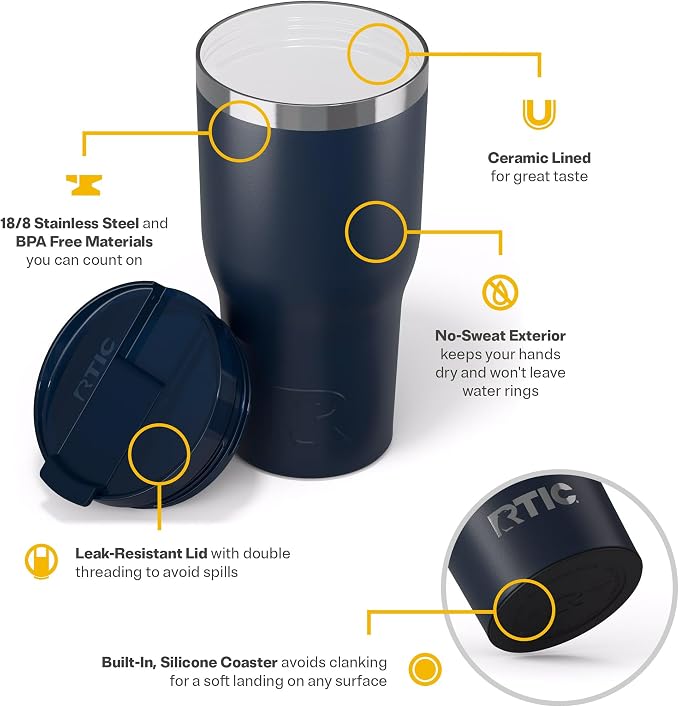 RTIC 30oz Essential Tumbler with Lid, Ceramic Lined, Insulated, Stainless Steel, Metal, Double Wall Vacuum-Insulation, Travel Cup for Iced Coffee, Tea, Hot and Cold Drink, Navy - Image 4