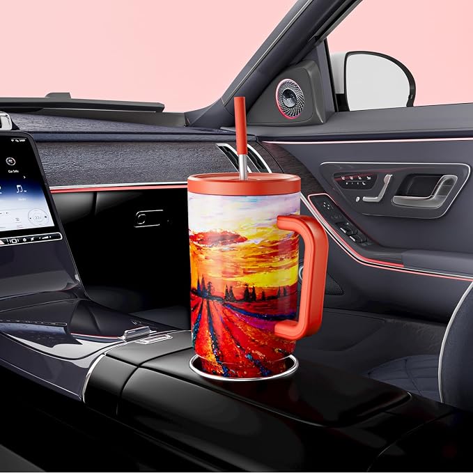 Meoky 40 oz Tumbler with Handle and Straw: Stainless Steel Insulated Tumbler with Lid and Straw - 100% Leak Proof Tumbler for Car Cup Holders - Travelers Commuters Workers, Red Floral - Image 5
