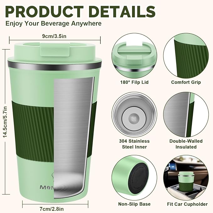 MOMSIV 12oz Travel Mug, Insulated Coffee Cup with Leakproof Lid, Vacuum Stainless Steel Double Walled Reusable Tumbler for Hot and Cold Water Coffee and Tea In Travel and Car (Green-380ml) - Image 2