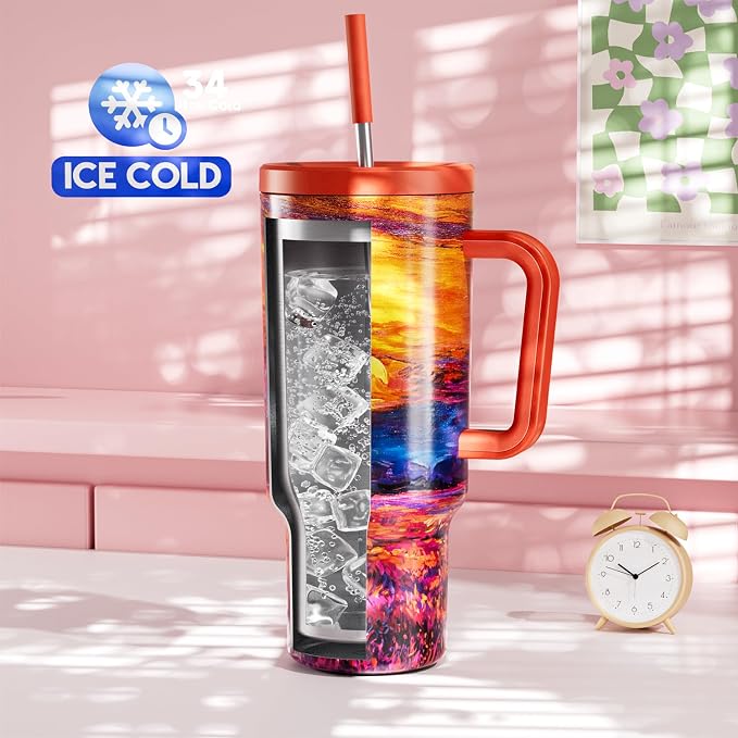 Meoky 40 oz Tumbler with Handle and Straw: Stainless Steel Insulated Tumbler with Lid and Straw - 100% Leak Proof Tumbler for Car Cup Holders - Travelers Commuters Workers, Sunrise - Image 2