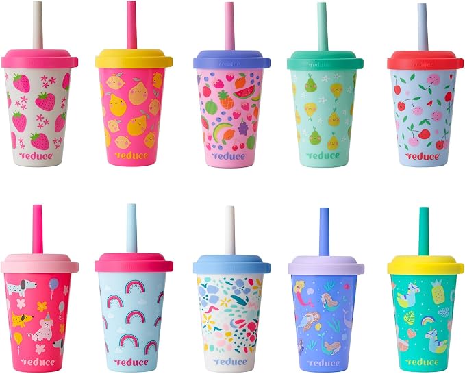 REDUCE GoGo's Kids Portable Tumbler Cups with Lids and Spill-Proof Straws - 10 Pack of Stackable 12 oz Tumblers with Twist-On Lids - Easy Storage, Dishwasher Safe - Play Date by Reduce
