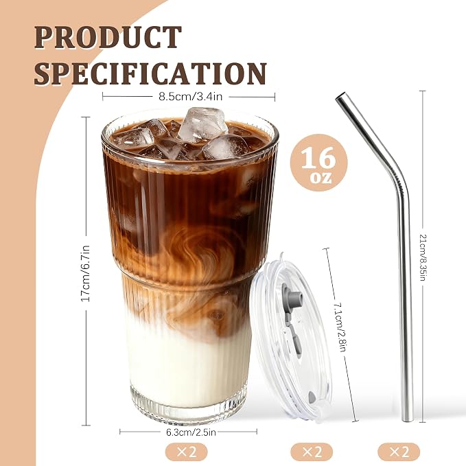 2 Packs Ribbed Glass Tumbler with Lid and Straw 16 oz Cute Ice Coffee Cup Set for Smoothie Juice Matcha Tea Latte Cappuccino Espresso Hot Coffe Water Reusable Clear Travel Mug Aesthetic Drinking Mug - Image 2