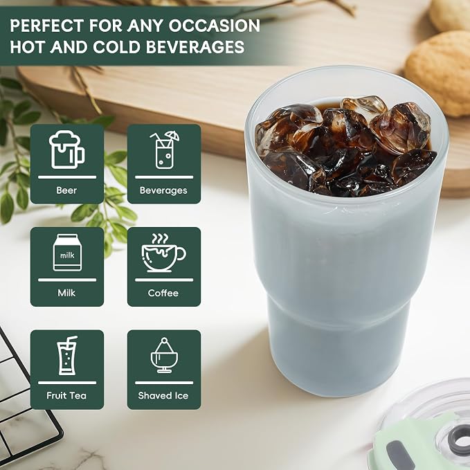 Iced Coffee Cups with Lids: Coffee Bar Accessories - Ribbed Glass Tumbler with Silicone Straw and Lid - 20oz Leak Proof Reusable Glass Cups and Tumblers with Lid and Silicone Straws(1Pcs-Blue) - Image 3