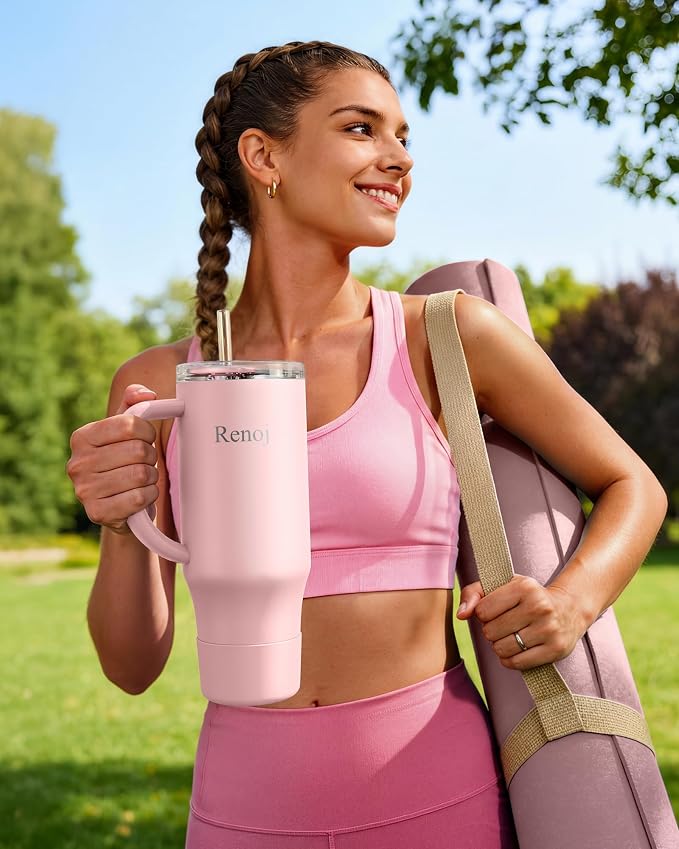 Renoj Insulated Mug 100% Spill Resistant Insulated Water Bottle for Iced Coffee & Hot Drinks - Fits Car Cup Holder, Ideal Gift, 2 Straws & Silicone Boot - FlexSlide Light Pink 32 oz - Image 6