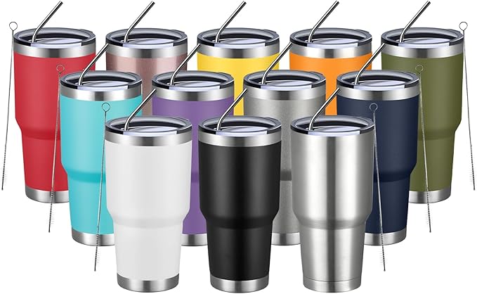 MEWAY 30oz Insulated Tumbler With Lids and Straws,Stainless Steel Double Vacuum Coffee Tumbler Cup, Brush, Durable Powder Coated Coffee Cup for Cold & Hot Drinks, Office, Travel(mixture,12 PACK) by MEWAY