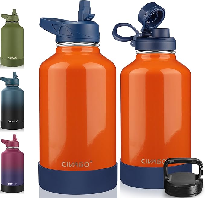 CIVAGO 64 oz Insulated Water Bottle With Straw, Half Gallon Stainless Steel Sports Water Flask Jug with 3 Lids (Straw, Spout and Handle Lid), Large Metal Thermal Cup Mug, Deep Orange by CIVAGO