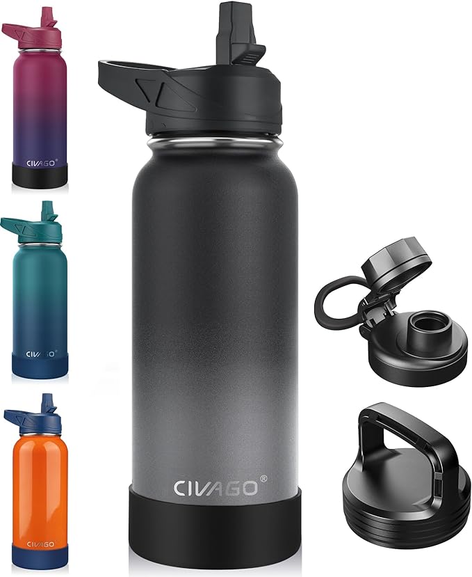 CIVAGO 32 oz Insulated Water Bottle With Straw, Stainless Steel Sports Water Cup Flask with 3 Lids (Straw, Spout and Handle Lid), Wide Mouth Travel Thermal Mug, Classic Omber Gray by CIVAGO