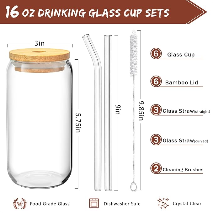 SENTVEND 16 Oz Drinking Glasses with Bamboo Lids and Glass Straw - 8 Pcs Glass Cups Beer Ice Coffee Glasses Cute Aesthetic Cup Great for Coffee Bar Accessories Include 2 Cleaning Brushes - Image 2