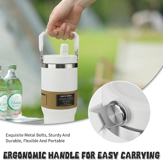 30oz Flip Straw Insulated Water Bottle with Handle, Leak Proof Stainless Steel Travel Coffee Mug, Double Wall Vacuum Tumbler for Cold Drinks, Gym Office Travel Essentials - Image 4