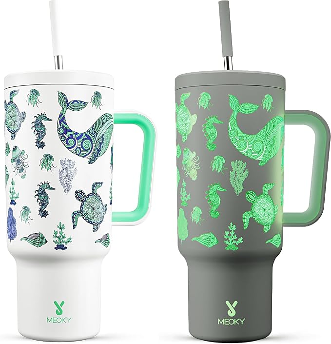 Meoky 40 oz Glow in the Dark Tumbler with Handle and Straw, Tumbler with Lid and Straw, Insulated Stainless Steel Travel Mug, 100% Leak-proof, Keeps Cold for 34 Hours (Sea Life) by MEOKY