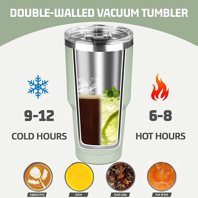 30 oz Tumbler with Lids and Straws, Stainless Steel Insulated Coffee Tumbler, Double Wall Vacuum Insulated Travel Mug Cup, Leakproof Thermal Coffee Cup for Hot and Cold Drinks (Green Tea) - Image 4