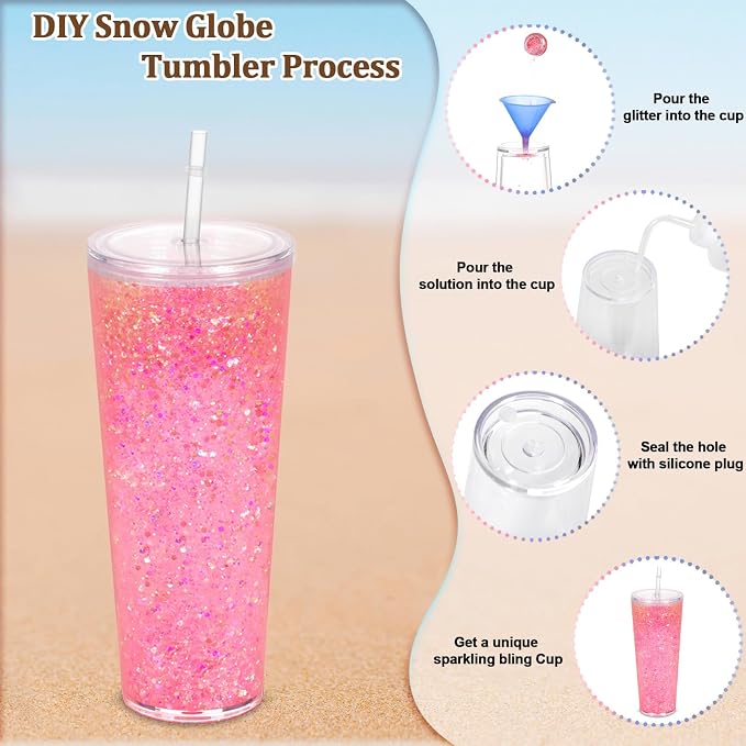 4 Pack 24Oz Snow Globe Tumblers, Double Wall Acrylic Snowglobe Cup with Pre Drilled Hole, Lids, Straws and Plug, Reusable Clear Plastic Tumbler for Snow Globe Glitter DIY - Image 3