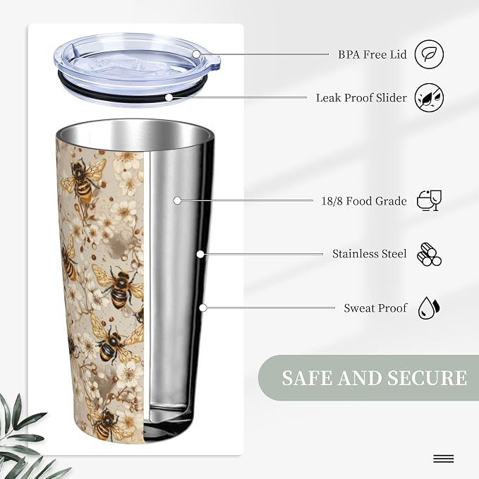 Bee Tumbler with Lid and Straw 20oz Vacuum Insulated Coffee Cup Stainless Steel Tumblers Leakproof Travel Mug Present for Women Men - Image 3