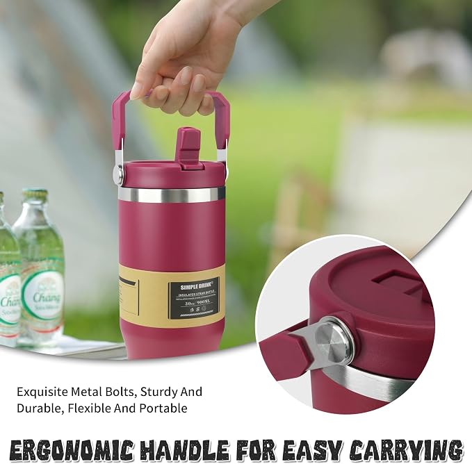 30oz Flip Straw Insulated Water Bottle with Handle, Leak Proof Stainless Steel Travel Tumbler With Lid, Double Wall Vacuum Iced Coffee Travel Mug, Sport Cup, Outside use - Image 4