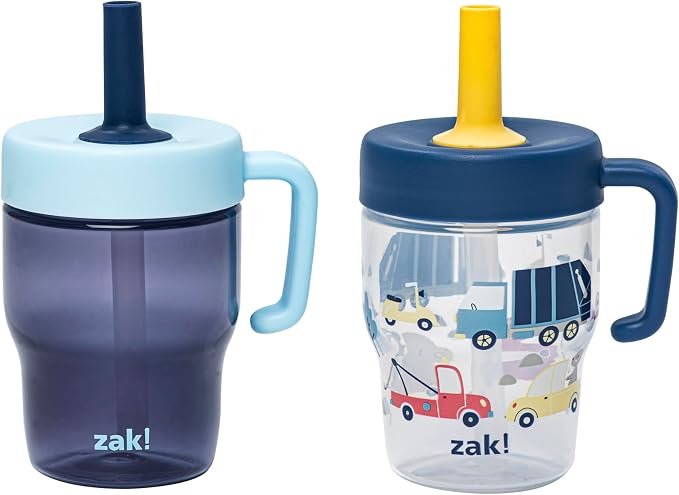 Zak Designs Capri Toddler Tumbler For Travel or At Home, 10oz 2-Pack Durable Plastic Sippy Cups With Handle and Leak-Proof Design are Perfect For Kids (Wheels, Blue) by ZakDesigns