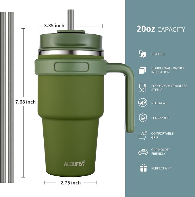 ALOUFEA 20 oz Insulated Coffee Mug Tumbler with Handle, Stainless Steel Travel Mug Tumbler with Lid and Straw,Double Wall Vacuum Leak Proof Ice Coffee Thermal Cup, Army Green - Image 2