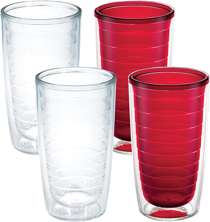 Tervis Clear & Colorful Tabletop Made in USA Double Walled Insulated Tumbler Travel Cup Keeps Drinks Cold & Hot, 16oz - 4pk, Clear and Red by TervisTumblerCompany