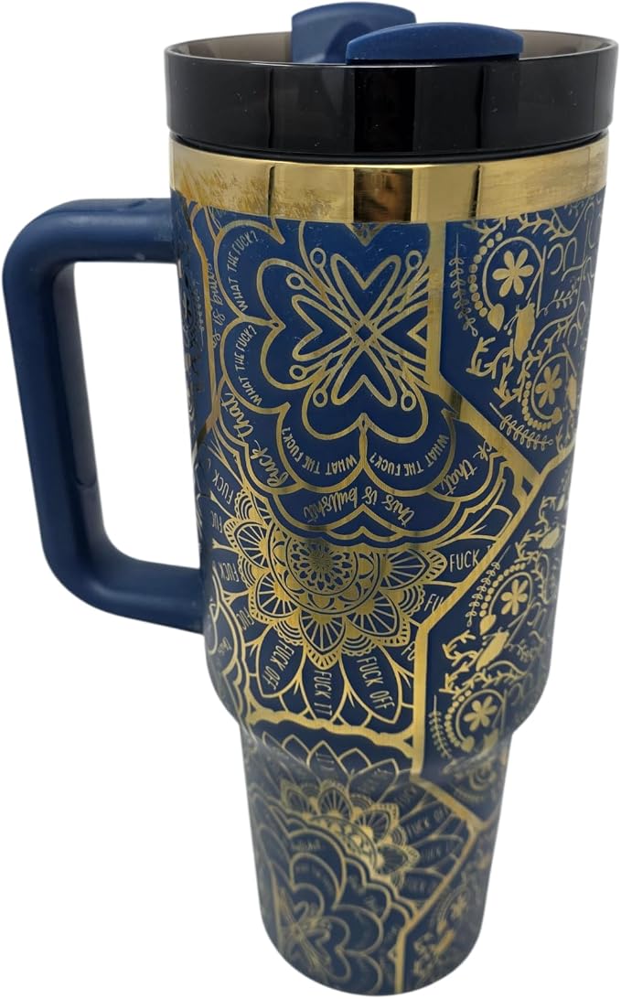 Hidden Cuss Word Tumbler 40oz Laser Engraved Funny Nurse Gift Swear Tumbler with Lid and Straw, Multicolor, Gag Gift Stainless Steel Travel Mug, Navy with Gold Underlay by Handmade