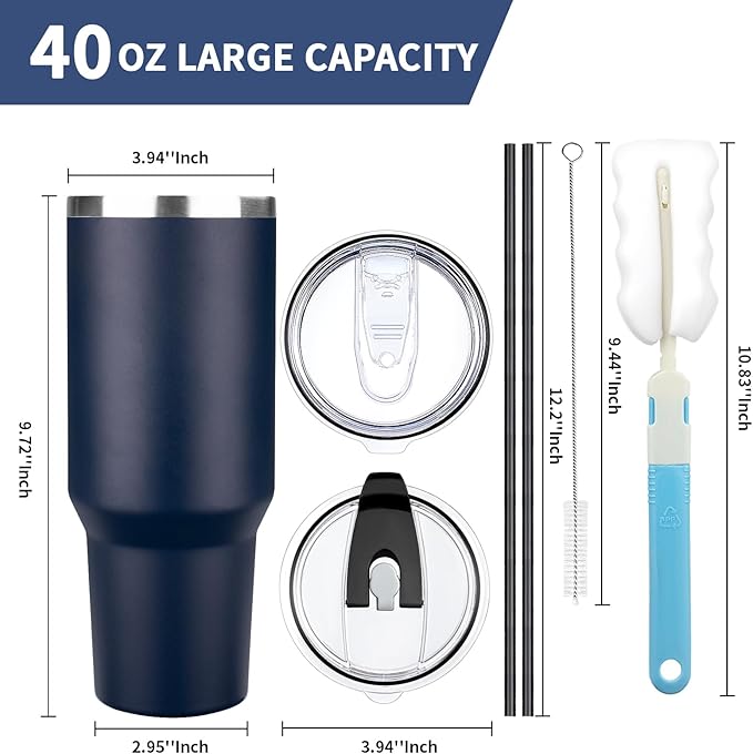 40 oz Tumbler with Lids and Straws, Stainless Steel Insulated Coffee Tumbler, Double Wall Vacuum Insulated Travel Mug Cup, Leakproof Thermal Coffee Cup for Hot and Cold Drinks (Navy Blue) - Image 2