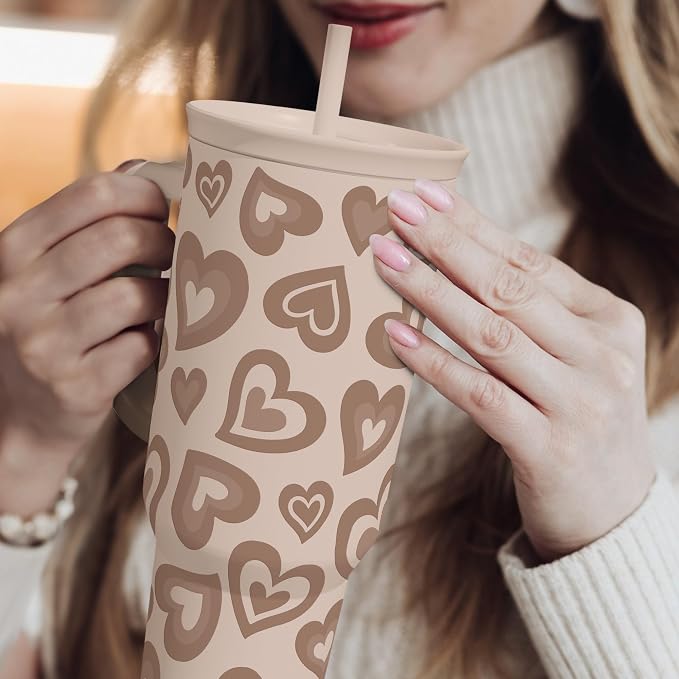 SANDJEST Heart Tumbler with Handle and Straw 40oz – Stainless Sleel Slider Tumbler Travel Coffee Mug for Women - Gift Idea for Birthday Christmas Valentine's Day - Image 6