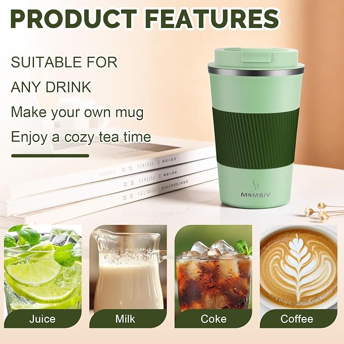 MOMSIV 12oz Travel Mug, Insulated Coffee Cup with Leakproof Lid, Vacuum Stainless Steel Double Walled Reusable Tumbler for Hot and Cold Water Coffee and Tea In Travel and Car (Green-380ml) - Image 4