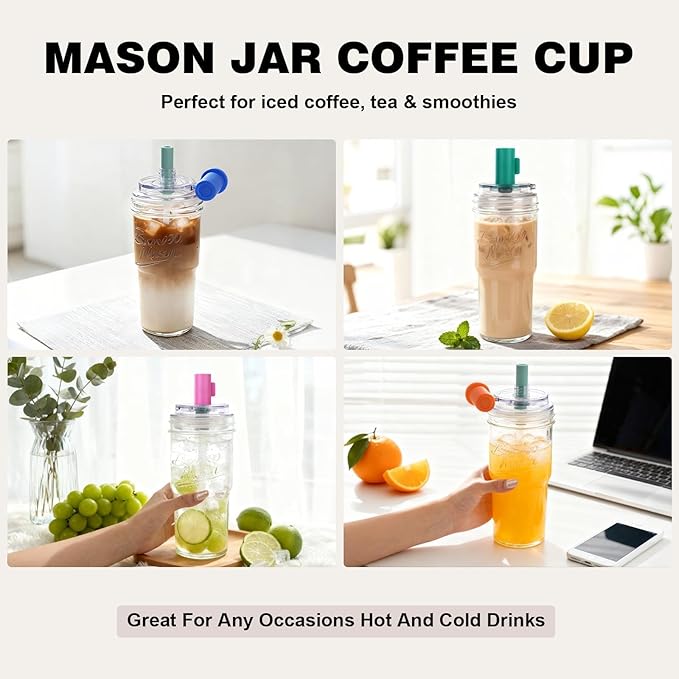 ANOTION 2pc Glass Tumbler with Lids and Straws, Leakproof 24oz Mason Jar Cups, Cap Cup Leak-Proof, Self-Assembly Silicone Straw, Reusable Iced Coffee Smoothie Matcha Cup Aesthetic Coffee Gifts Women - Image 6