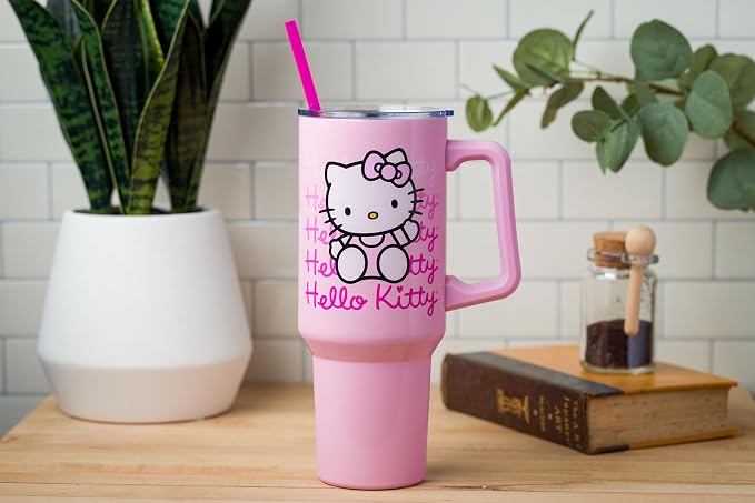 Silver Buffalo Sanrio Hello Kitty Waving Double Walled Stainless Steel Tumbler with Handle and Straw, Fits in Standard Cup Holder, 40 Ounces - Image 9