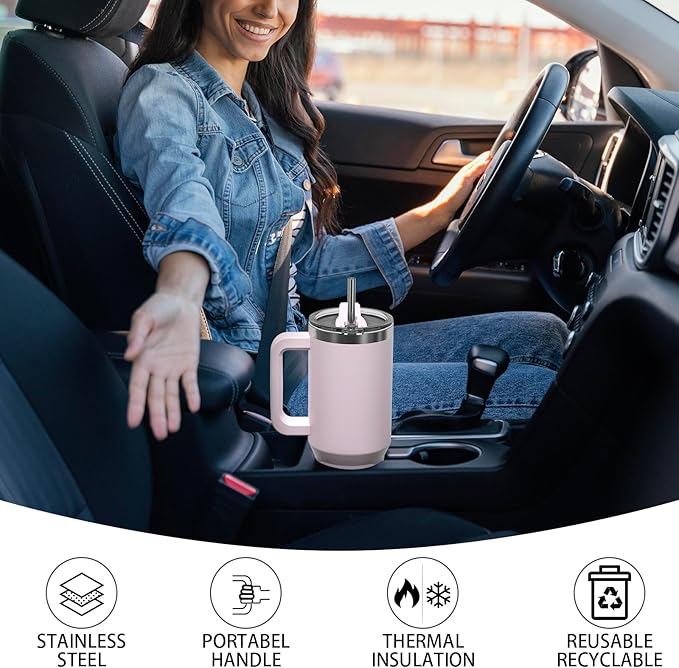30 oz Tumbler with Handle,Tumbler with Lid and Straw,Double Wall Insulated Cup Stainless Steel Travel Mug(Cold for 34 Hours),Water Bottle for Iced Tea,Coffee,Cold Beverages(Rose Quartz) - Image 6