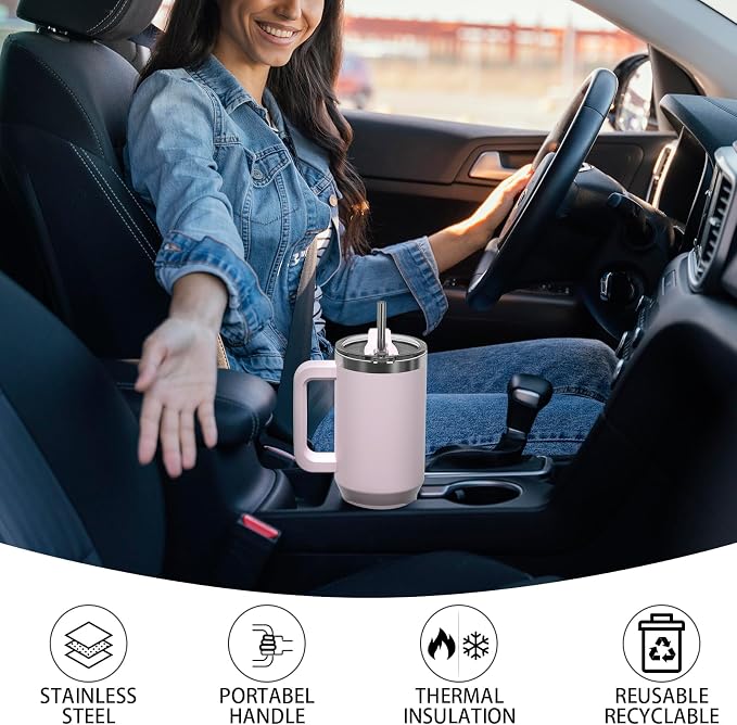 40 oz Tumbler with Handle,Tumbler with Lid and Straw,Double Wall Insulated Cup Stainless Steel Travel Mug(Cold for 34 Hours),Water Bottle for Iced Tea,Coffee,Cold Beverages(Rose Quartz) - Image 6
