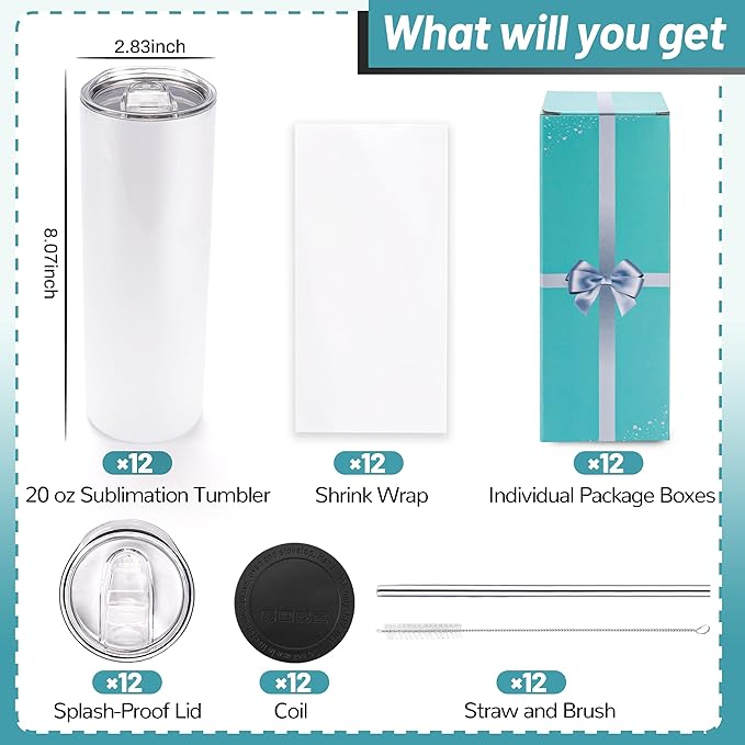 12 Pack Sublimation Tumblers 20 oz Bulk Blank Tumblers Skinny Straight Flat Bottom Cups White with Lid and Straw - Image 3