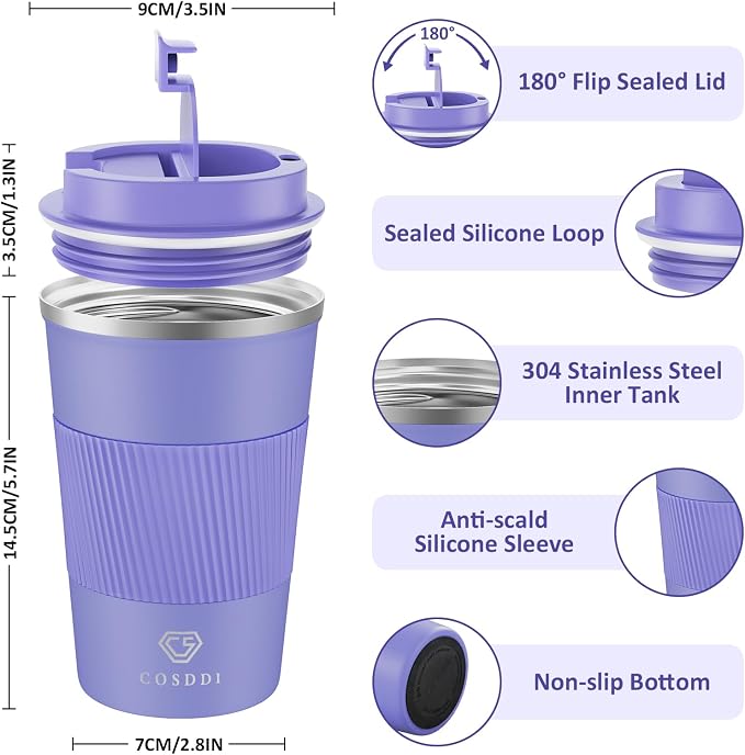 CS COSDDI 12 oz Stainless Steel Vacuum Insulated Tumbler - Coffee Travel Mug Spill Proof with Lid - Coffee Cups for Keep Hot/Ice Coffee,Tea and Beer (purple) - Image 2