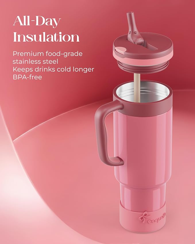 40 oz Insulated Tumbler with Handle and Push-Button Straw Lid, Stainless Steel Travel Cup for Gym Office, Leakproof, BPA-Free, Cup Holder Friendly, Bow Silicone Boot, Pink (Dusty Rose) - Image 4