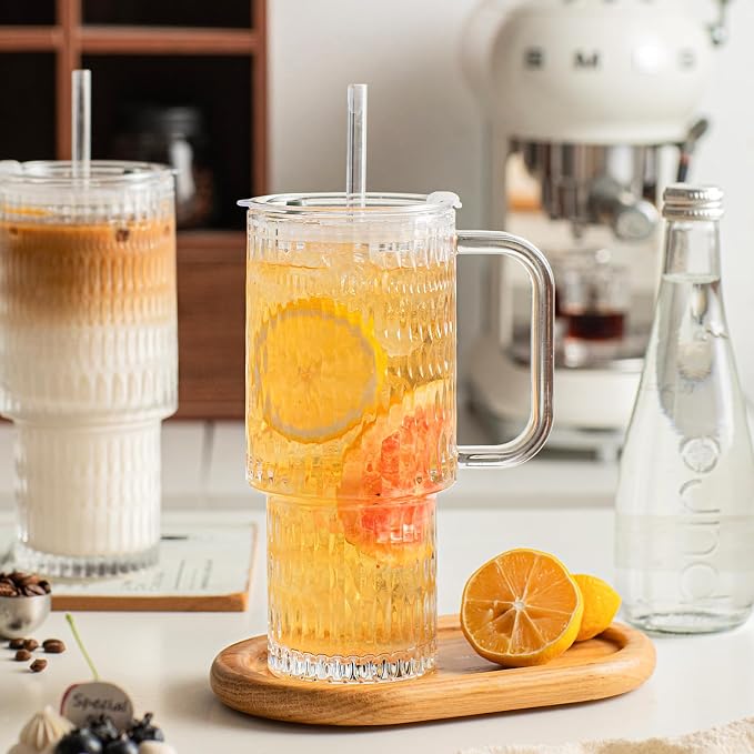 INSETLAN 26oz Raindrop Glass Tumbler with Handle and Lid, Set of 2 – Reusable Iced Coffee Cups with Lids, Clear Glass Cups with Straw for Coffee, Smoothies, Tea, Juice – Perfect for any Occasion - Image 8