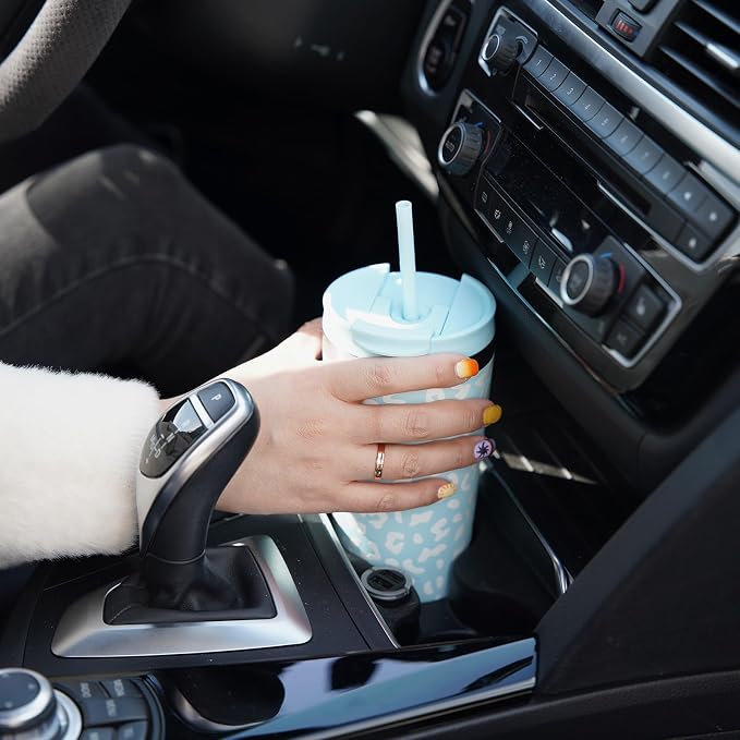 BJPKPK 34oz Tumbler With lid And Straw Stainless Steel Travel Coffee Mug Insulated Tumblers Cups,Light Blue Leopard - Image 6