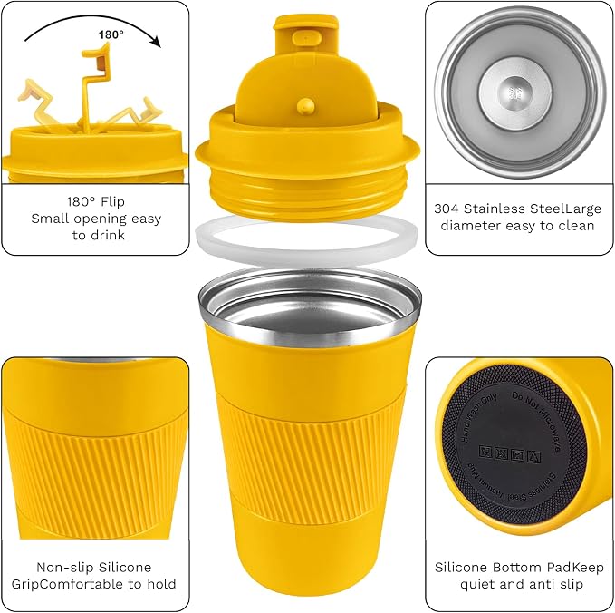 YINBAOGE Insulated Travel Coffee Mug, Spill & Leak Proof, Portable To Go Camping Stainless Steel Coffee Tumbler, Reusable Thermal Coffee Cup with Lid for Hot & Cold Drinks (Yellow, 17 OZ) - Image 2