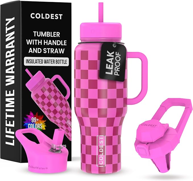 Coldest Tumbler with Handle and Straw, 100% Leak Proof Insulated Tumbler with Lid and Straw (3 Lids), Stainless Steel Tumblers for Women & Men, Cup Holder Friendly, 36 oz (Purple Checkers) by Coldest