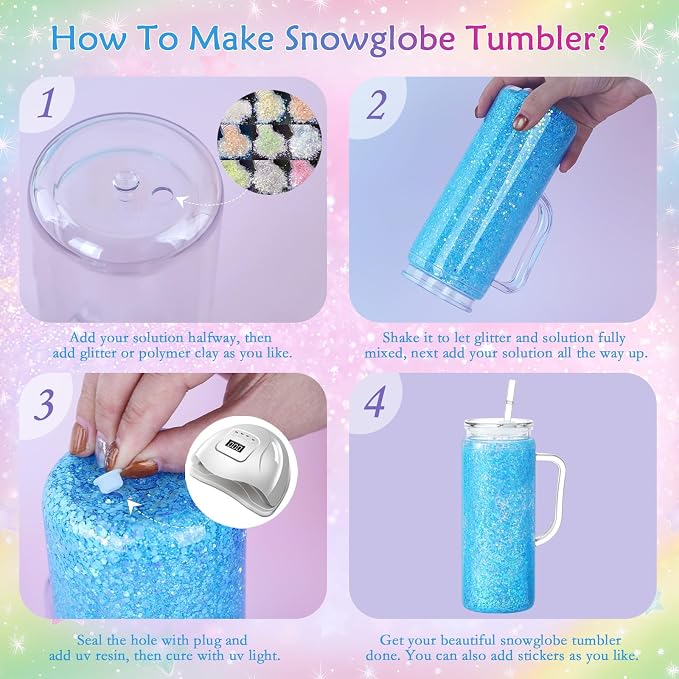 20 Oz Acrylic Snow Globe Tumbler Cup with Handle, Double Wall Plastic Snowglobe Tumbler with Pre-Drilled Hole and Plug for Glitter DIY, 4 Pack - Image 5