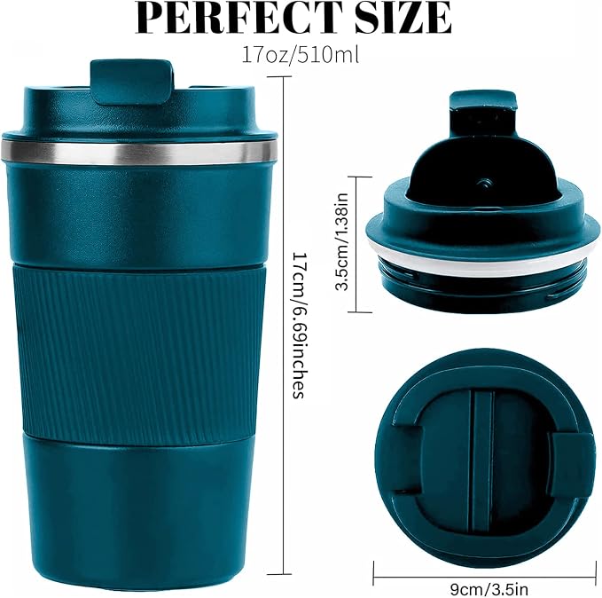 YINBAOGE Insulated Travel Coffee Mug, Spill & Leak Proof, Portable To Go Camping Stainless Steel Coffee Tumbler, Reusable Thermal Coffee Cup with Lid for Hot & Cold Drinks (Blue, 17 OZ) - Image 3