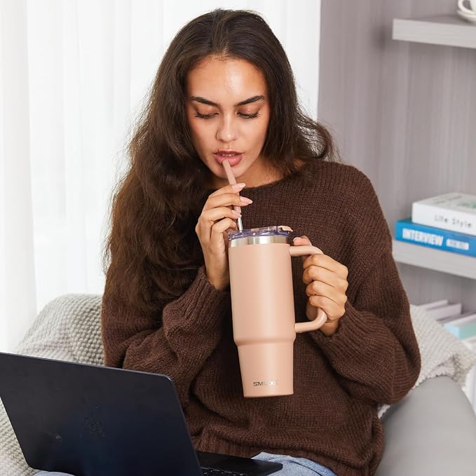 40 oz Tumbler with Handle and Straw Lid,Insulated Reusable Stainless Steel Water Bottle Travel Mug，Cupholder Friendly Double Wall Vacuum Sealed Cup (Mocha) - Image 6