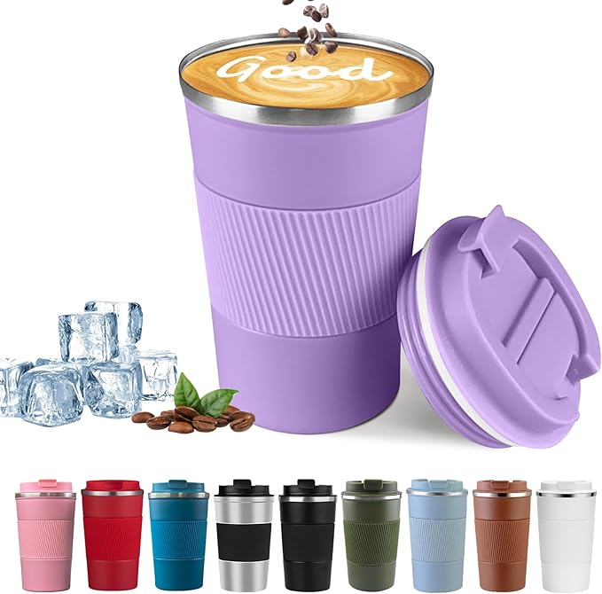 YINBAOGE Insulated Travel Coffee Mug, Spill & Leak Proof, Portable To Go Camping Stainless Steel Coffee Tumbler, Reusable Thermal Coffee Cup with Lid for Hot & Cold Drinks (Purple, 12 OZ) by YINBAOGE
