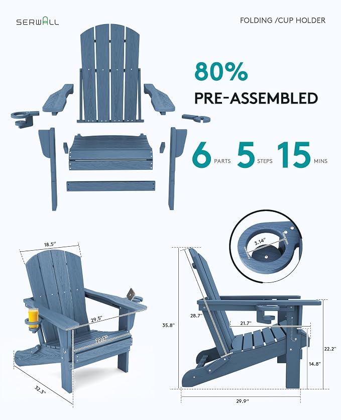SERWALL Folding Adirondack Chair, HDPE Adirondack Chairs Set of 4, Plastic - Image 2