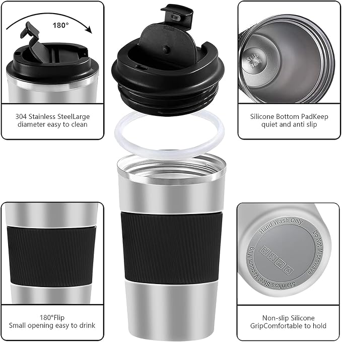YINBAOGE Insulated Travel Coffee Mug, Spill & Leak Proof, Portable To Go Camping Stainless Steel Coffee Tumbler, Reusable Thermal Coffee Cup with Lid for Hot & Cold Drinks (Silver black, 17 OZ) - Image 2