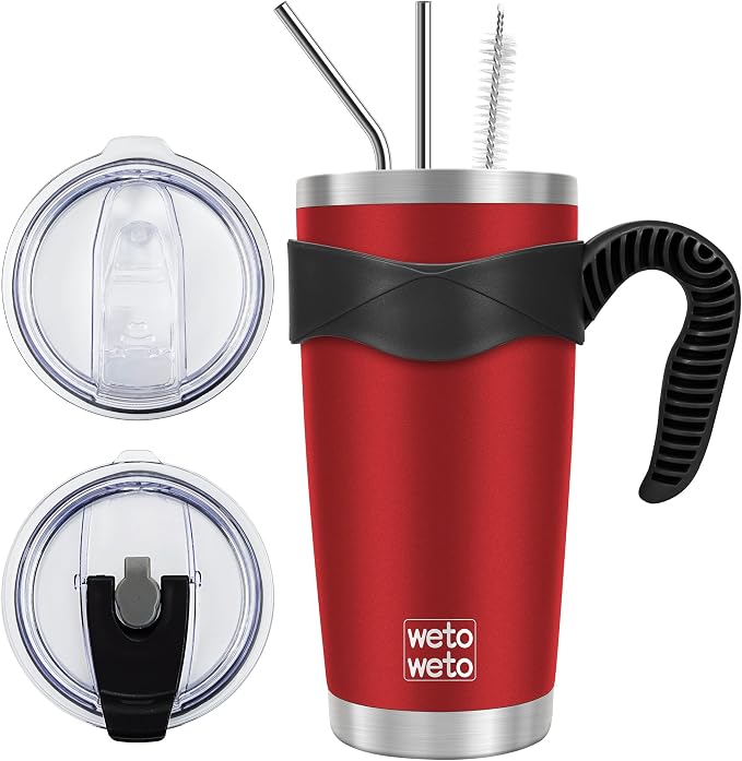 WETOWETO 20oz Tumbler with 2 lids and 2 straws, Stainless Steel Vacuum Insulated Water Coffee Tumbler Cup, Double Wall Powder Coated Leak-proof Travel Mug (Red, 1 Pack) by Wetoweto
