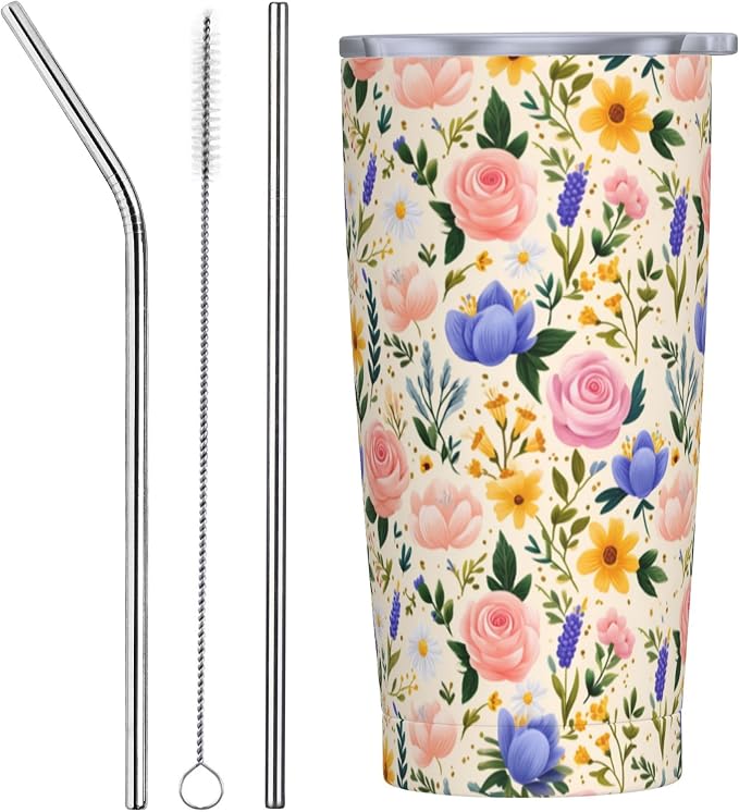 Floral Tumbler with Lid and Straw 20oz Vacuum Insulated Coffee Cup Stainless Steel Tumblers Leakproof Travel Mug Present for Women Men by Yrebyou