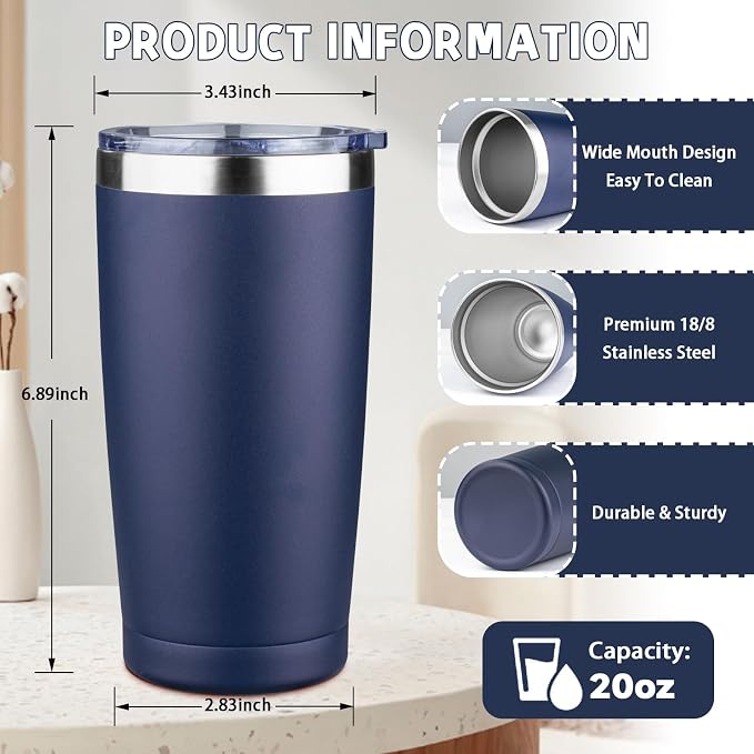 20 oz Tumbler with Lids and Straws, Stainless Steel Insulated Coffee Tumbler, Double Wall Vacuum Insulated Travel Mug Cup, Leakproof Thermal Coffee Cup for Hot and Cold Drinks (navy blue) - Image 2