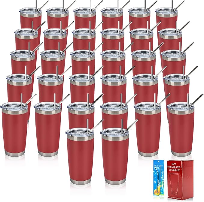 IEOVIEE 32 Pack, 20oz Stainless Steel Bulk Tumblers with Lids and Straws, Double Wall Insulated Travel Coffee Mug, Durable Powder Coated Tumbler Bulk Cup for Cold and Hot Drinks(Red) by IEVOIEE