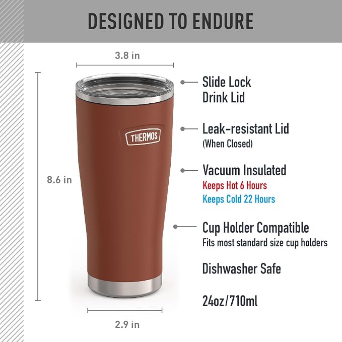 THERMOS ICON SERIES, Stainless Steel Cold Tumbler with Slide Lock, 24 Ounce, Saddle - Image 7