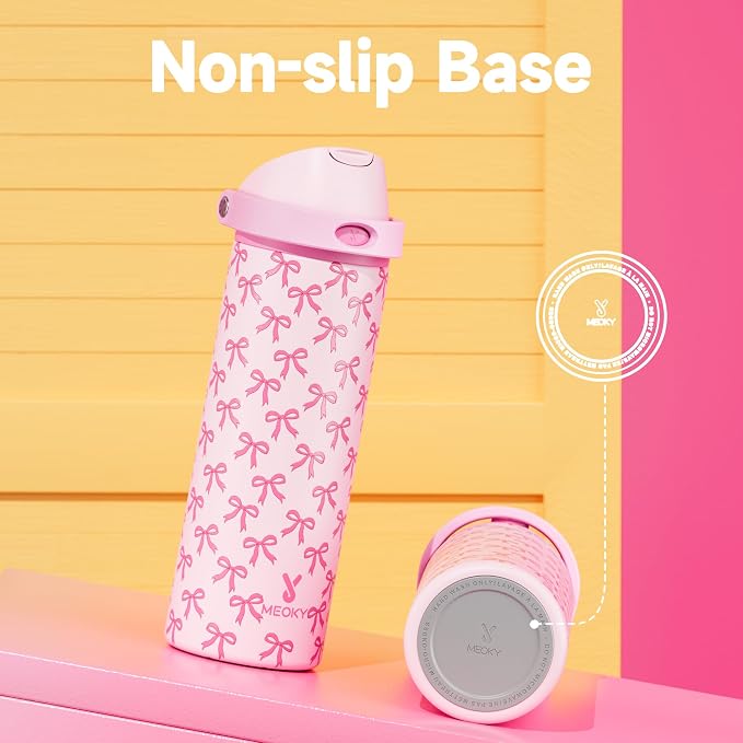 24 oz Insulated Water Bottle for Women: Meoky Stainless Steel Metal Water Bottle with 2-in-1 Straw and Spout Lid - Leak Proof, Cold for 24 Hours, Protective Silicone Base, BPA-Free for School, Bow - Image 7