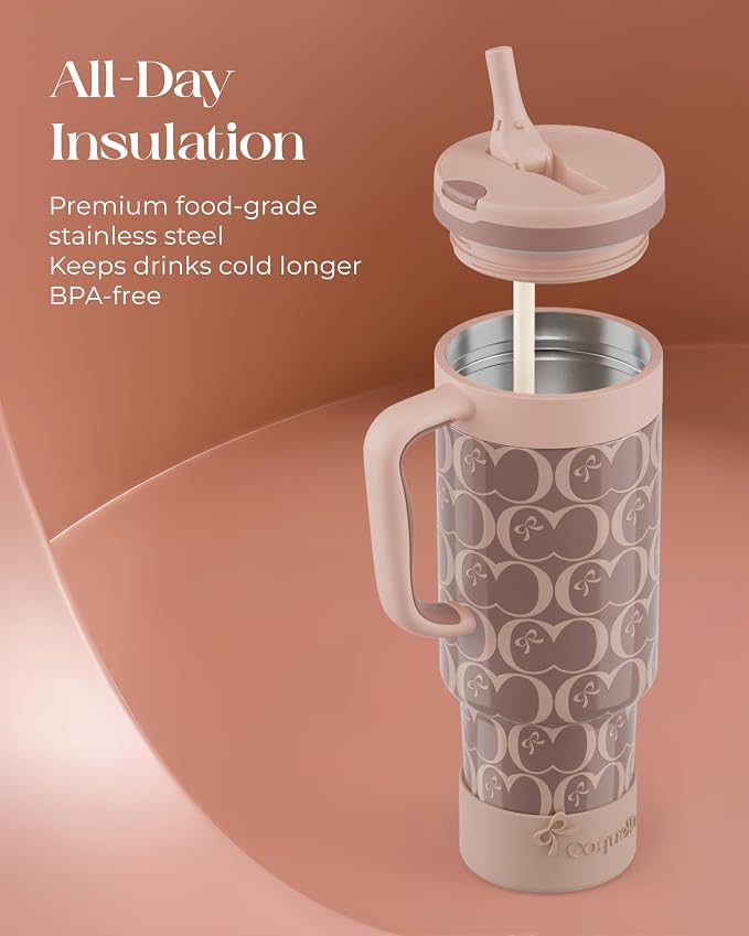 40 oz Insulated Tumbler with Handle and Push-Button Straw Lid, Stainless Steel Travel Cup for Gym Office, Leakproof, BPA-Free, Cup Holder Friendly, Bow Silicone Boot, Brown (C’ Espresso) - Image 4
